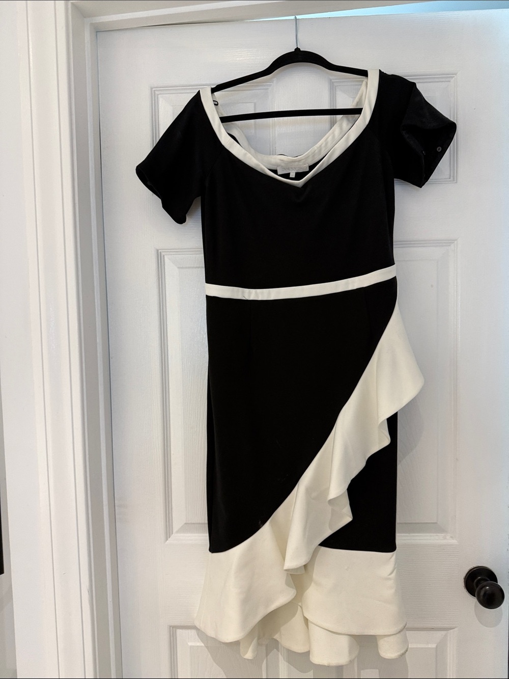Black and White Ruffle-Trim Midi Dress